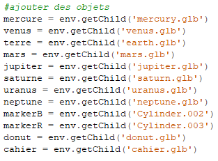 code pour l'ajout d'objets à l'environnement